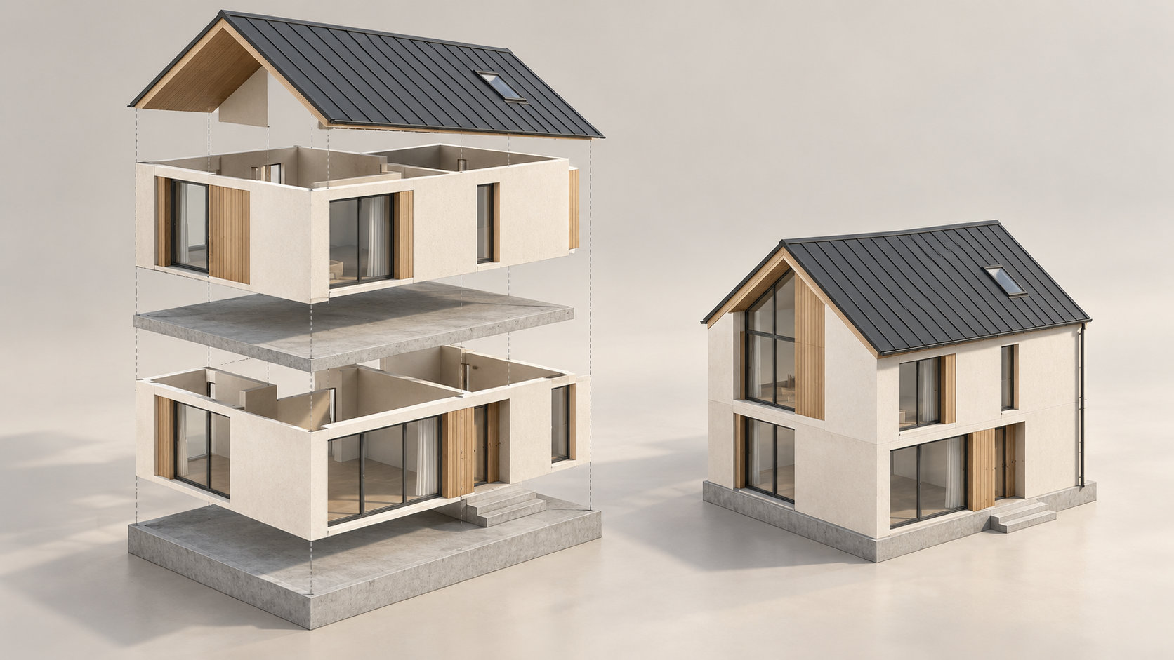 An exploded view of a house and its assembled form, illustrating a modular application built on a shared foundation.